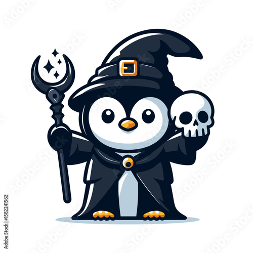 Dark wizard penguin with magical staff and skull accessories. Great for fantasy games, Halloween themes, magical character designs and mystical content.