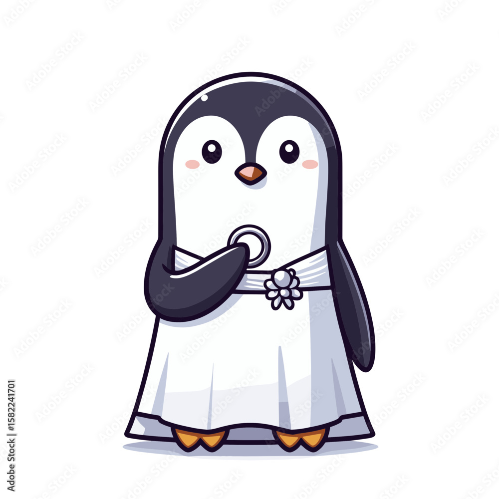 Cute penguin character in a white wedding dress holding a ring with a sweet expression Cute penguin character in a white wedding dress holding a ring with a sweet expression
