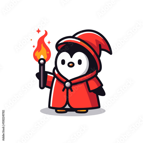 Executioner penguin with red hood and torch. Perfect for medieval themed entertainment and horror game marketing.
