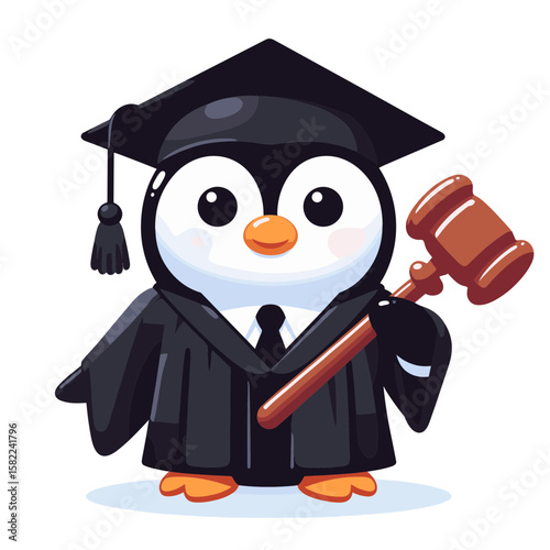 Judge penguin with graduation cap and gavel. Great for legal services and law school marketing campaigns.