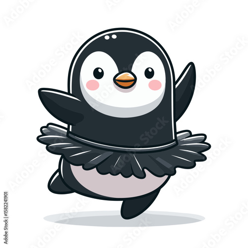Cute penguin character in a ballet tutu dancing joyfully with a playful expression