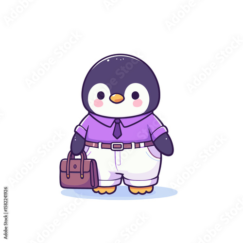 Businessman penguin with briefcase and purple tie. Great for corporate consulting and professional services marketing.
