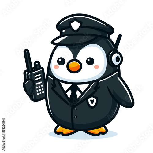 Security penguin with radio and tactical uniform. Perfect for security services and private protection marketing.