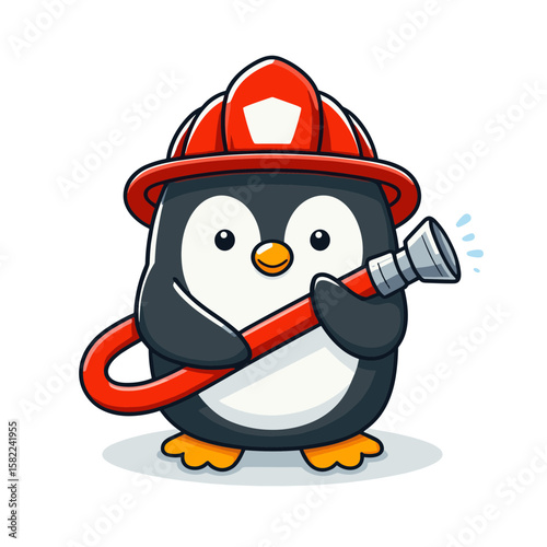 Firefighter penguin with helmet and hose. Excellent for fire departments and emergency services marketing.