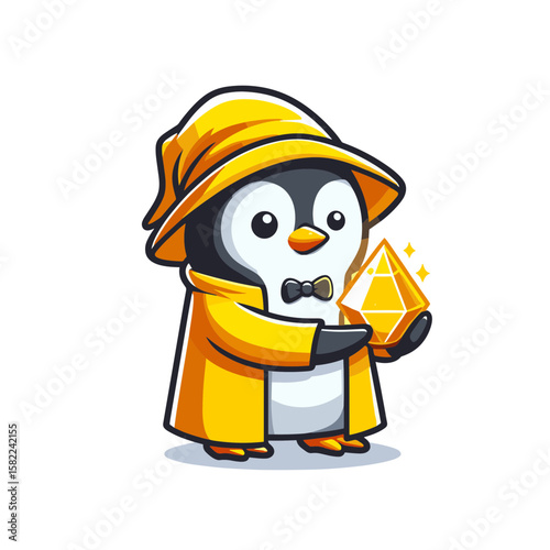 Cute penguin character in a yellow raincoat holding a sparkling crystal with a proud expression