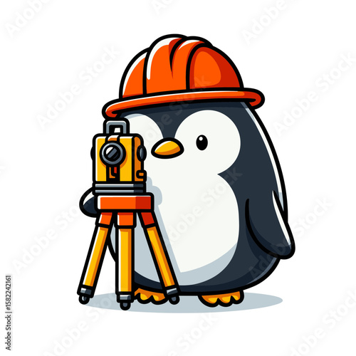 Surveyor penguin with measuring equipment vector illustration. Engineering bird character for construction and land surveying designs