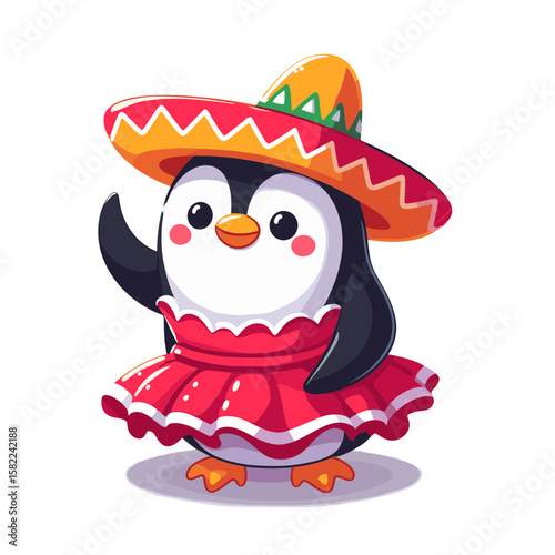 Mexican penguin with sombrero vector illustration. Cultural bird character for Latin American theme and fiesta celebration designs