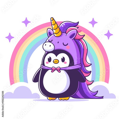 Unicorn penguin with rainbow vector illustration. Magical fantasy bird character for children's fairy tale and dream designs