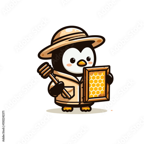 Cute penguin character in a beekeeping outfit holding a honeycomb frame with a cheerful expression