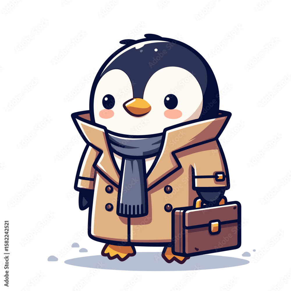 Obraz premium Business penguin with briefcase in beige coat. Great for corporate services and professional consulting firms.