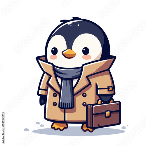 Business penguin with briefcase in beige coat. Great for corporate services and professional consulting firms.