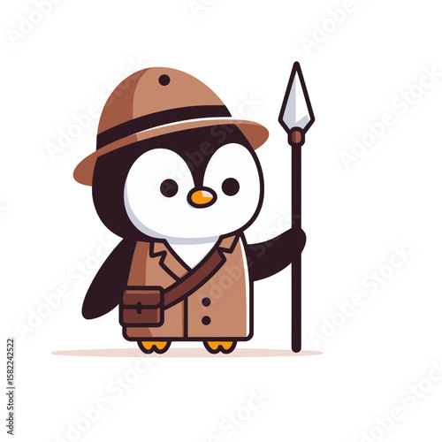Safari penguin explorer with spear in brown outfit. Ideal for adventure tourism and outdoor expedition marketing.