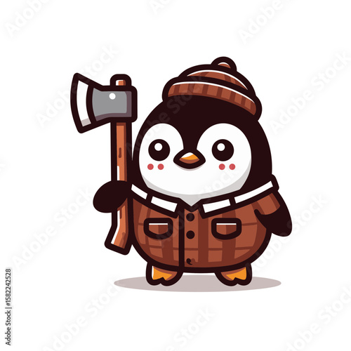 Penguin lumberjack with axe in brown work clothes. Perfect for outdoor gear brands and woodworking businesses.