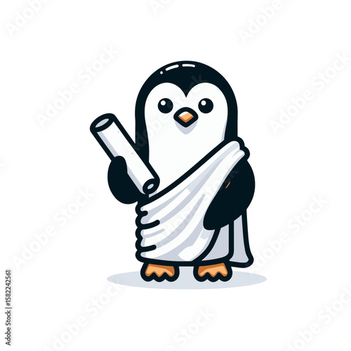 Cute penguin character in a toga holding a scroll with a thoughtful expression