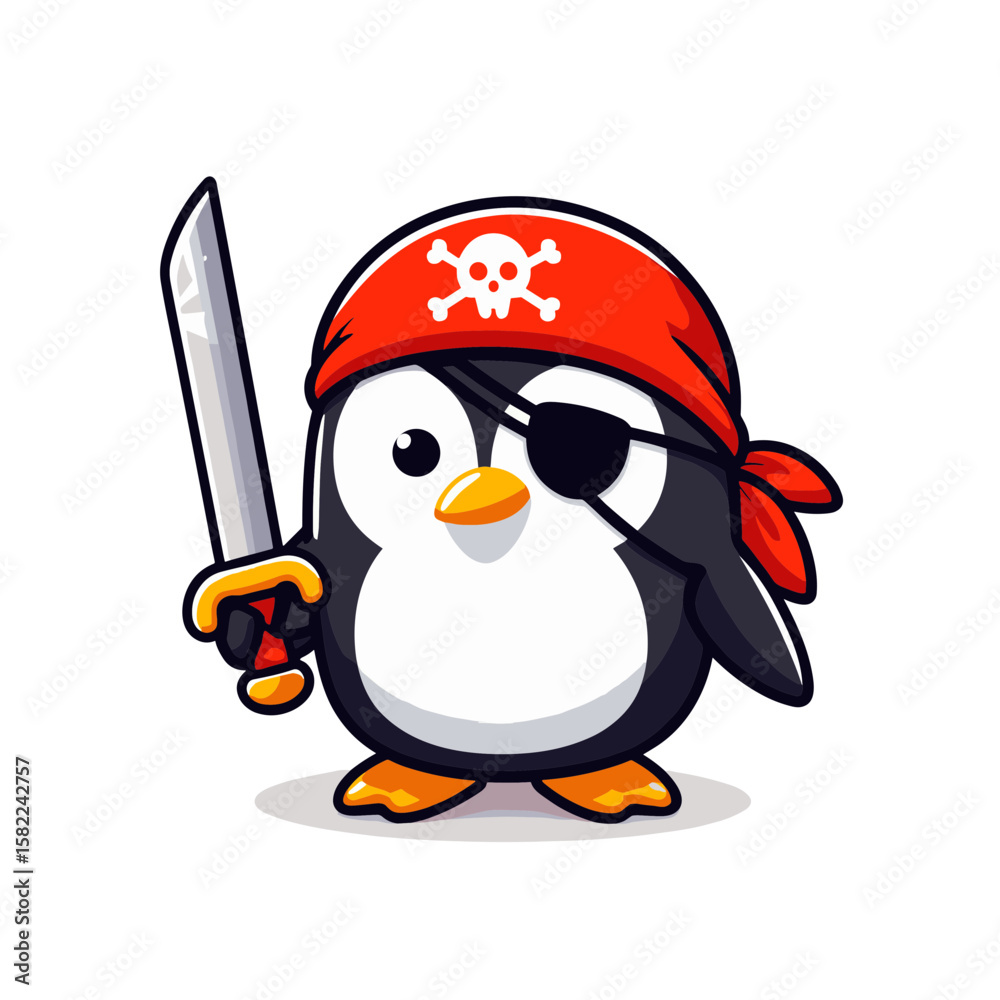 Obraz premium Pirate penguin with red bandana and sword. Perfect for themed restaurants, entertainment venues, and children's parties.