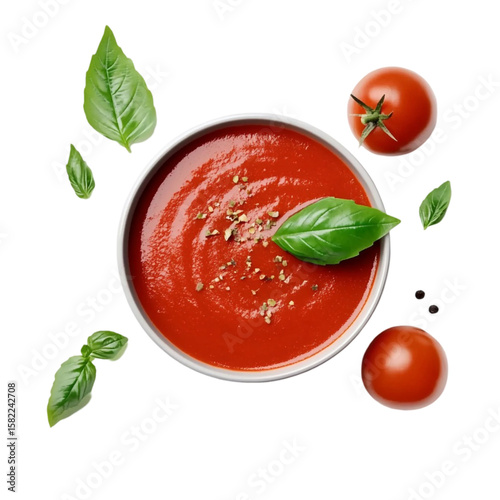 Delicious tomato soup garnished with basil vibrant red and green colors appetizing food