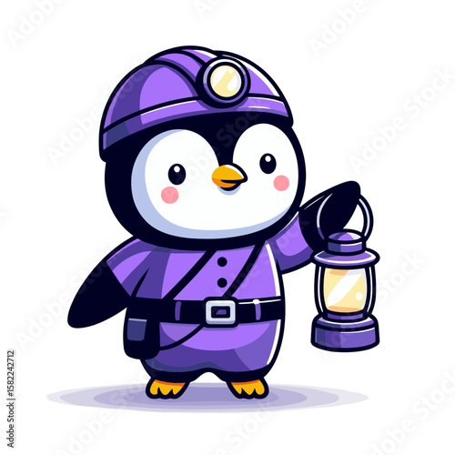 Night guard penguin with lantern in purple uniform. Perfect for security services and safety equipment companies.