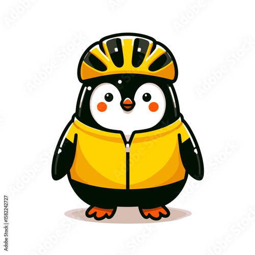 Cyclist penguin with yellow helmet and safety gear. Great for bike shops and sports equipment retailers.