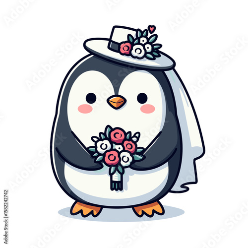 Bride penguin in white dress with bouquet. Ideal for wedding planners, bridal shops, and romantic event services.