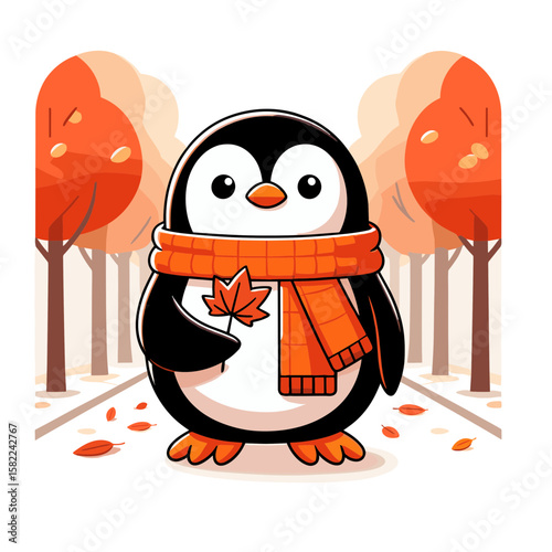 Autumn penguin with scarf among falling leaves. Great for seasonal marketing and cozy lifestyle brands.