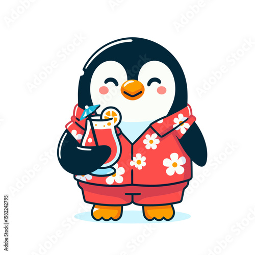 Cute penguin character in floral shirt holding a tropical drink with a joyful expression