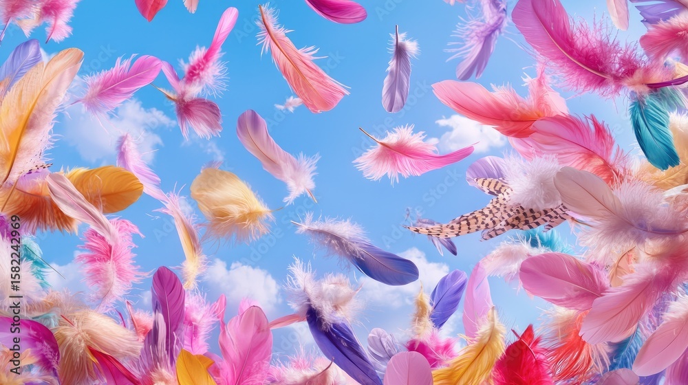 Fototapeta premium Fabric feathers and fringe moving in wind, bright background left clean