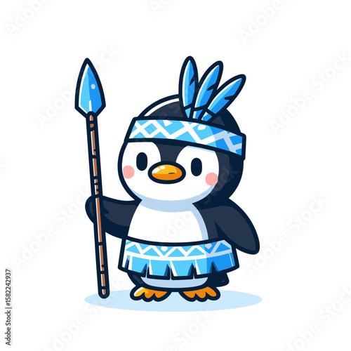Penguin with spear and feathers. Ideal for cultural education and historical presentation materials.