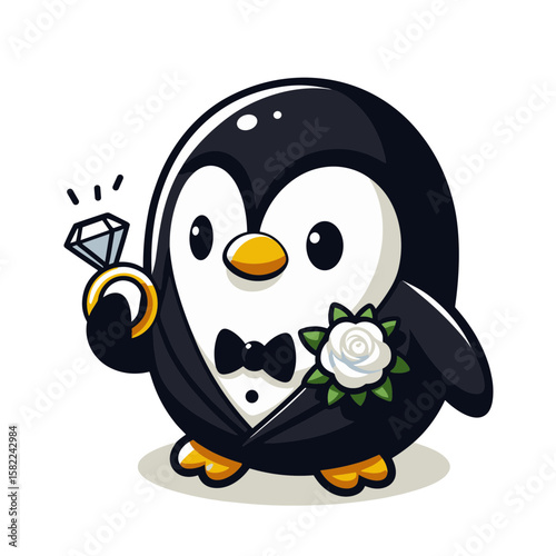 Groom penguin in black tuxedo with ring. Excellent for wedding services, formal wear shops, and romantic occasions.
