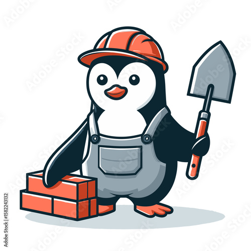 Construction worker penguin with tools and bricks. Ideal for building companies and construction equipment suppliers.