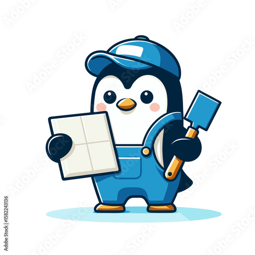 Cute penguin character in blue overalls holds a tile and a spatula with a playful expression