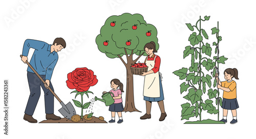 Family gardening activities planting flowers growing fruit harvesting vegetables enjoying outdoor nature together
