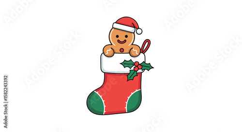Festive gingerbread man peeking out of a christmas stocking ready for the holidays