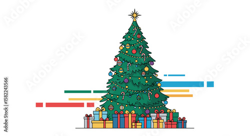 Festive christmas tree surrounded by wrapped gifts and colorful decorations evoking holiday spirit