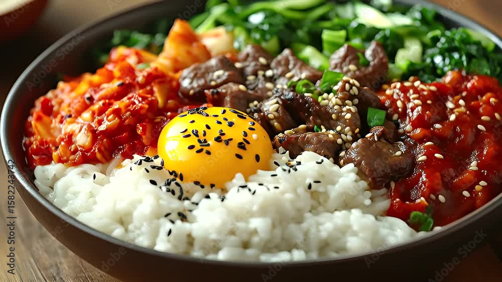 Authentic Korean Bibimbap: A Close-Up View of Delicious Rice Bowl with Egg Yolk