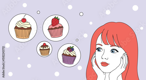 A young woman daydreaming about delicious cupcakes and sweet desserts on a pastel background