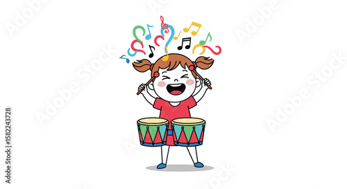 Joyful child playing drums with musical notes floating above her head