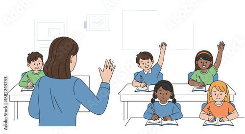 Engaged students actively participating in classroom discussion raising hands eagerly