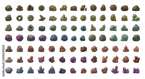 Collection of diverse pixel art rocks and minerals for game development and art projects