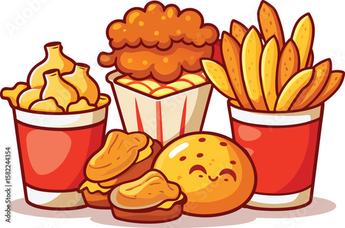 Cute kawaii style fast food meal with chicken nuggets fries and burger