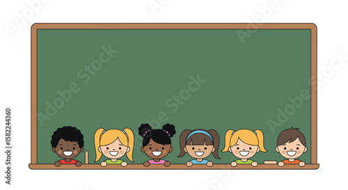 Cute cartoon children lined up in front of a green chalkboard ready for a fun day of learning