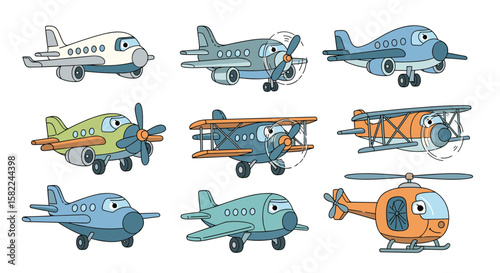 Collection of cartoon airplanes and helicopters flying in the sky