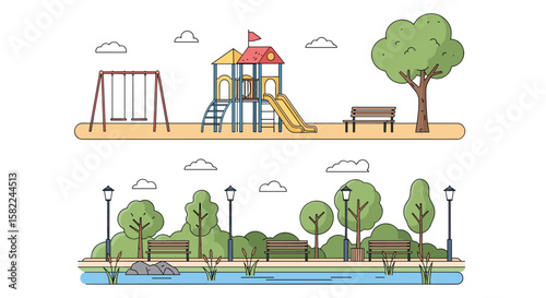 Vibrant outdoor recreation area featuring play structures and green spaces for community engagement