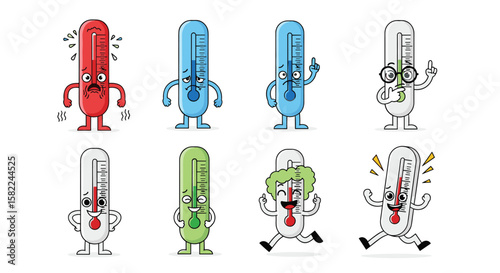 Cute cartoon thermometers expressing various emotions and temperatures accurately