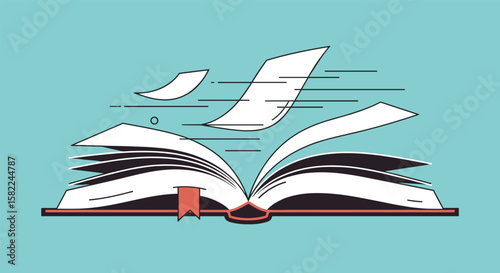 Open book with pages flying away illustration represents knowledge and imagination spreading freely