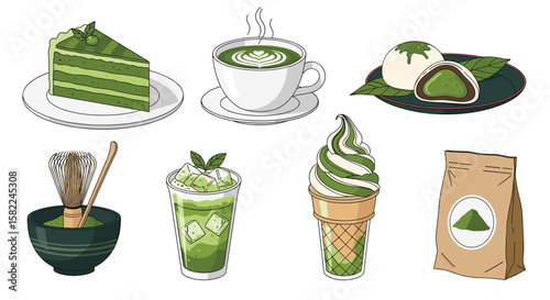 A collection of delicious matcha desserts and beverages represented in pixel art style