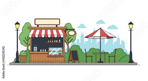 Charming outdoor cafe scene with city skyline backdrop and lush greenery 10 words