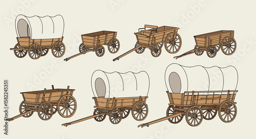 A collection of vintage covered wagons illustrating pioneer transportation and frontier exploration