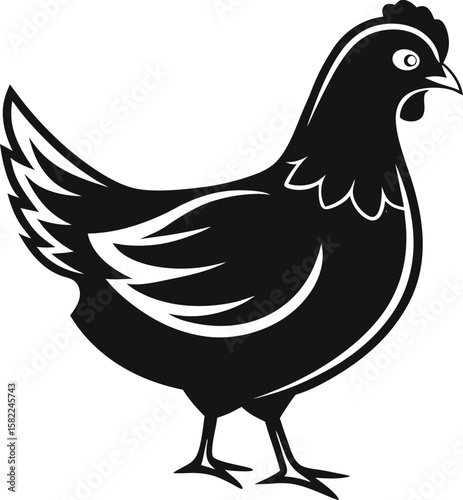 Stylized black silhouette of a chicken standing on a white background