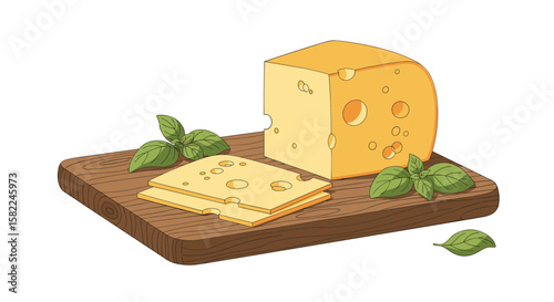 Delicious swiss cheese and fresh basil leaves on a wooden cutting board