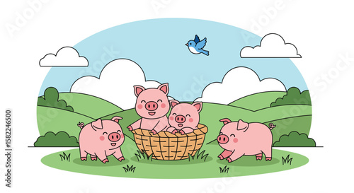 Four adorable little pigs playing together in a farm field illustration